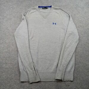 Under Armour Sweater Mens Medium Tall Gray V Neck Knit Pullover Golf MT Loose